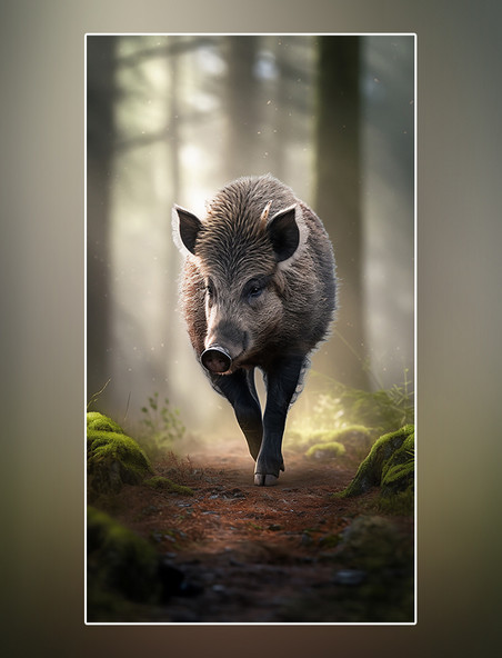 动物森林背景树林摄影图野生动物野猪在森林里面行走特写野猪