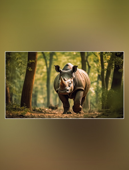野生动物犀在森林里面行走特写犀动物森林背景树林摄影图