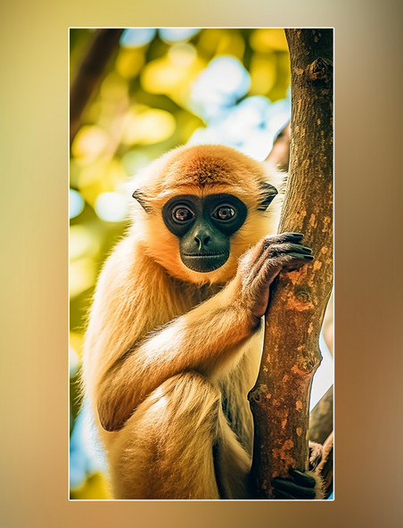 野生动物摄影图长臂猿在树上特写长臂猿动物森林背景树林