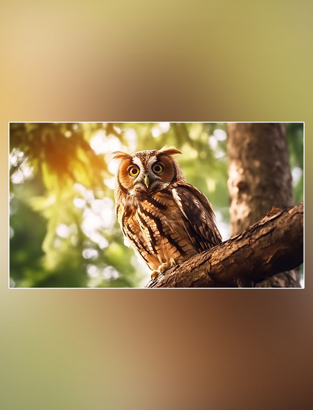 野生动物猫头鹰在树上特写猫头鹰动物森林背景树林摄影图