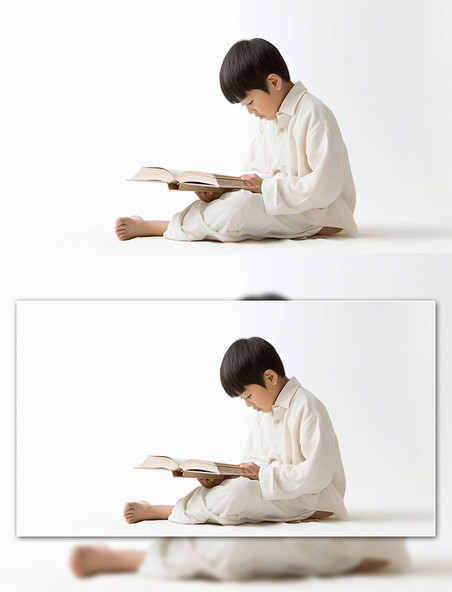 男孩低头看书学习