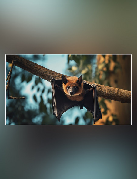 野生动物蝙蝠在树上特写蝙蝠动物森林背景树林摄影图