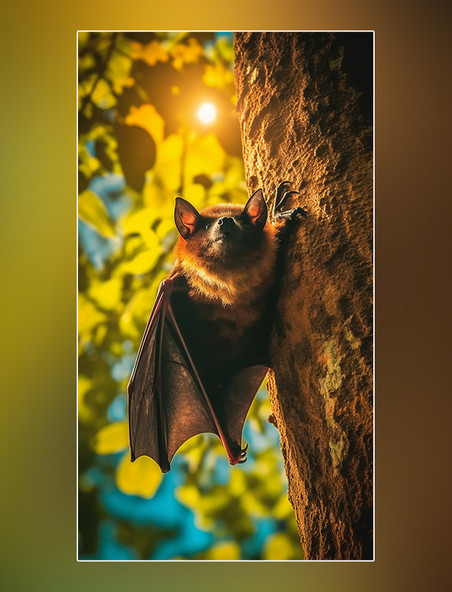 野生动物树林摄影图蝙蝠在树上特写蝙蝠动物森林背景