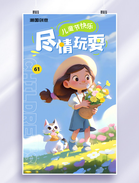 小清新插画风六一儿童节海报尽情玩耍草原猫儿童节海报