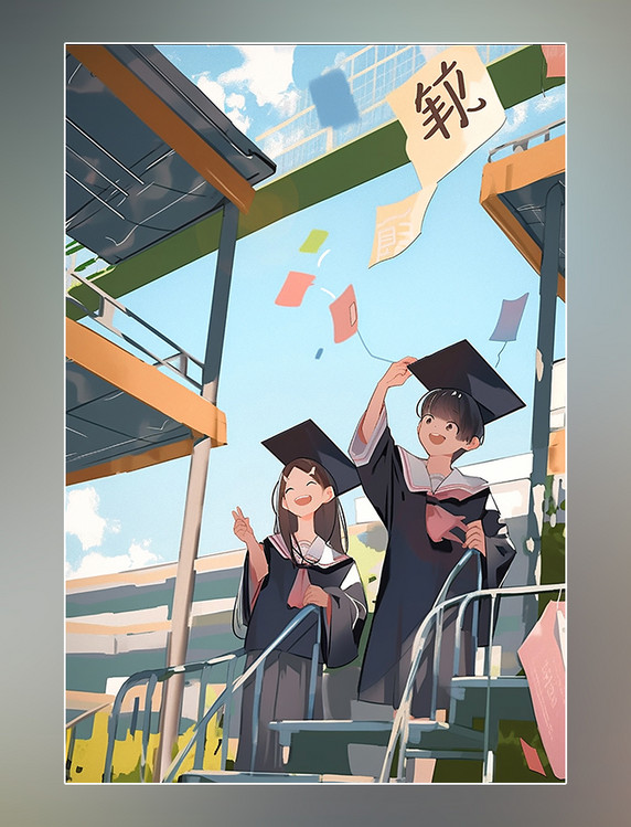 毕业季毕业学生操场学校插画二次元漫画