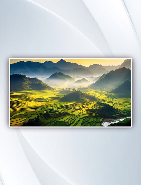 越南的稻田与远处的山脉深绿色摄影图