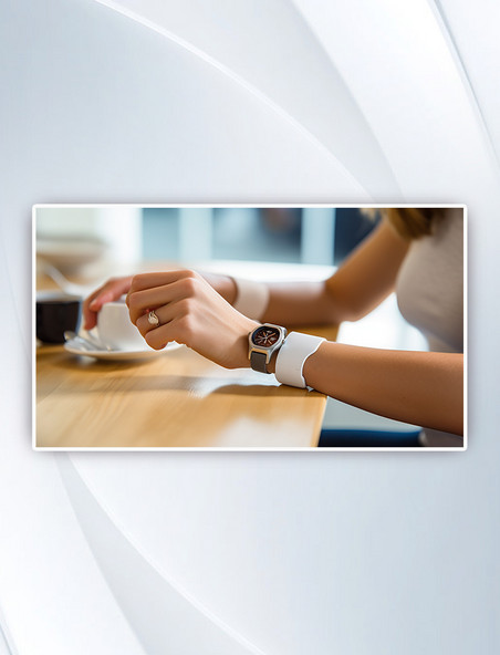 一名女子在桌边使用智能手表进行非接触式支付人像