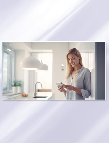 女人用智能手机控制家庭连接界面摄影图