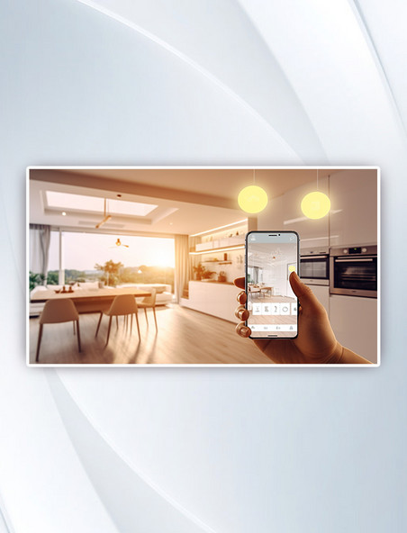 智能家居自动化应用程序在手机上与家庭内部后台摄影图