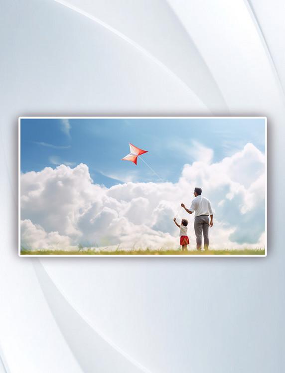 亚洲现代父亲带着孩子在公园里放风筝摄影图