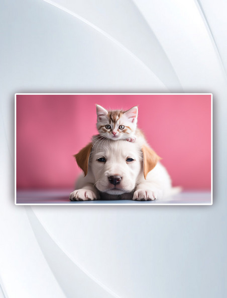 猫趴在狗的头上摄影图