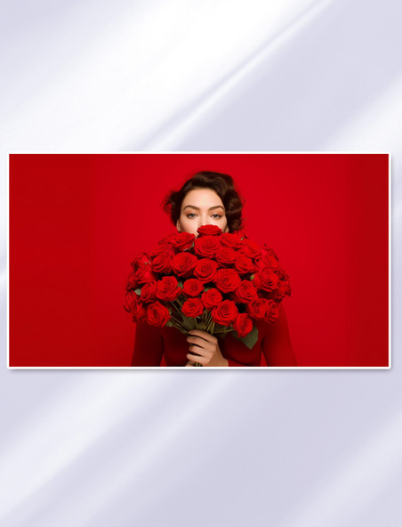 浪漫约会女人抱着一束红玫瑰摄影图