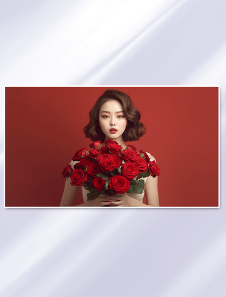 约会爱情女人抱着一束红玫瑰摄影图