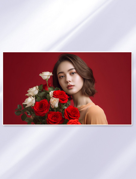 女人抱着一束红玫瑰摄影图