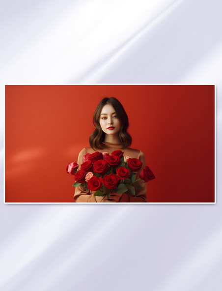 浪漫爱情女人抱着一束红玫瑰摄影图