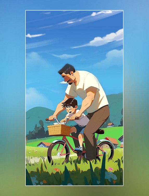 简约父亲节海报父亲教儿子骑自行车在草原蓝天白云温馨海报