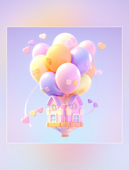 粉色活泼可爱六一儿童节可爱3d元素儿童节气球房子