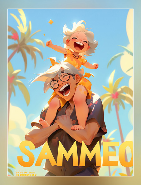 简约父亲节海报父亲和女儿在海边椰树温馨海报