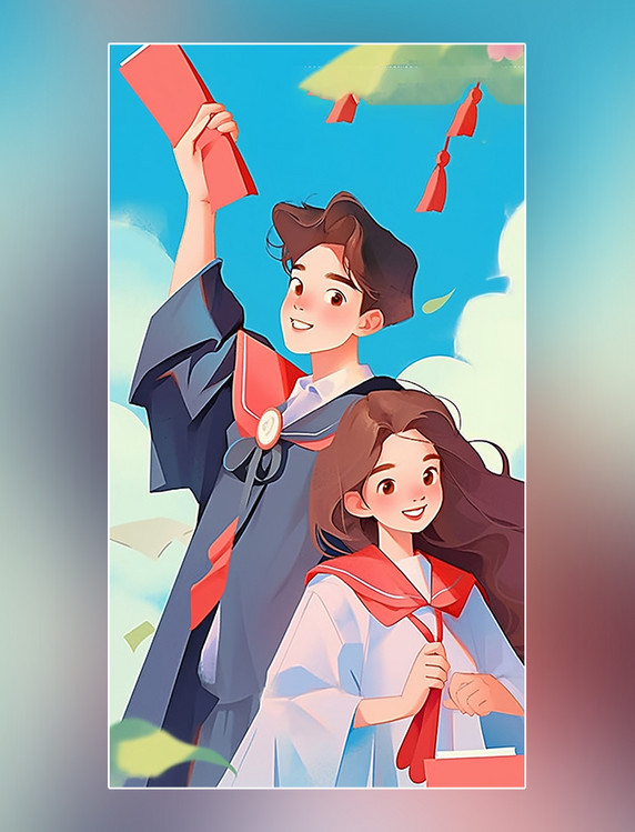 扁平风毕业季学士帽毕业学生致青春插画