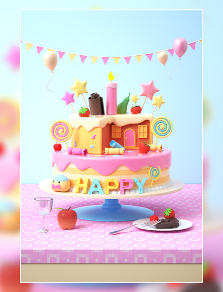 3D清新生日蛋糕周年庆祝场景