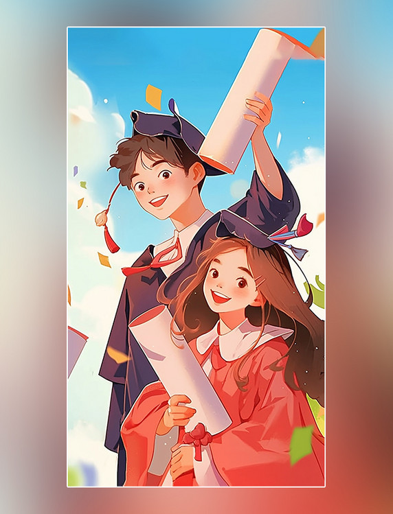 扁平风致青春插画毕业季学士帽毕业学生