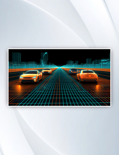 未来主义城市汽车3D霓虹灯渲染背景