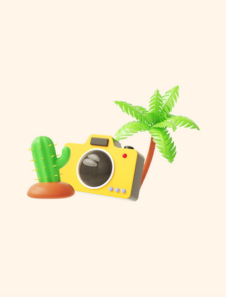 黄色3D立体C4D旅游出行相机植物