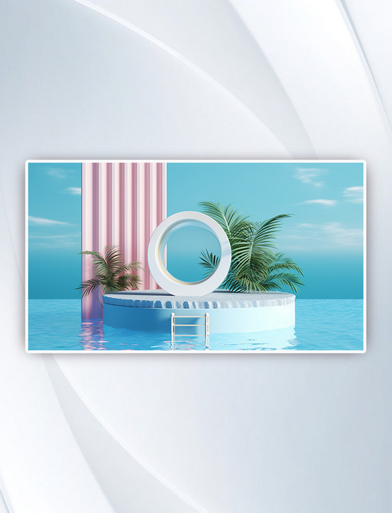 蓝色夏季水池圆柱形立体展台背景