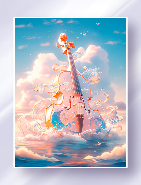 海洋世界上的超现实主义梦幻小提琴乐器绚丽云彩概念插画