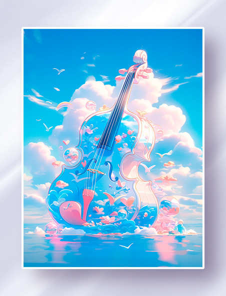 一架梦幻的小提琴在海洋世界上瑰丽的云彩概念插画