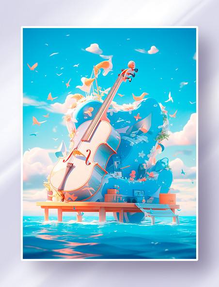 超现实主义插画一架梦幻小提琴在海洋上的木架上绚丽缤纷的云彩