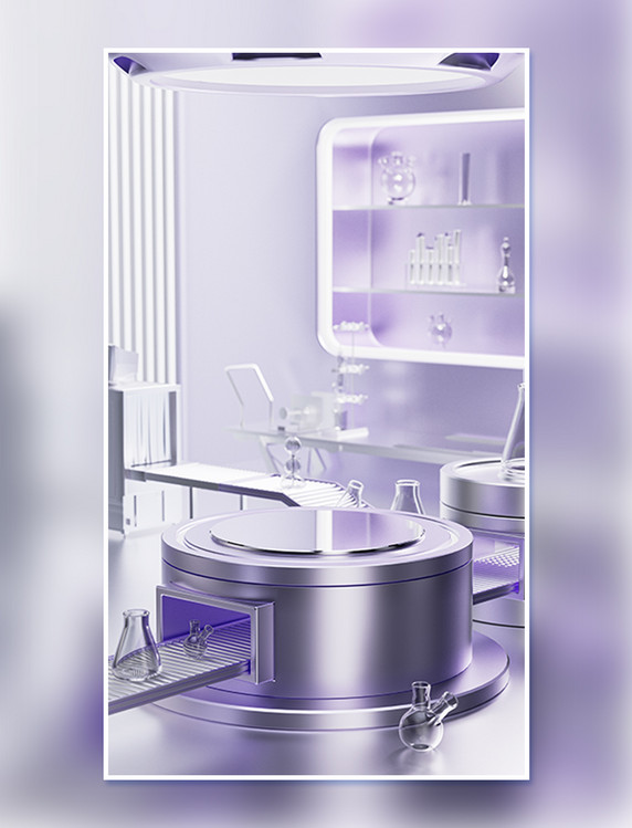 创意银紫色玻璃质感化妆品类电商展台
