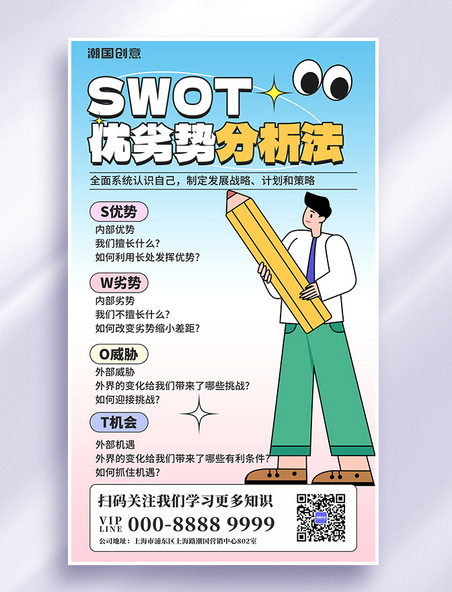 职场技能SWOT分析法知识科普蓝色扁平简约手机海报