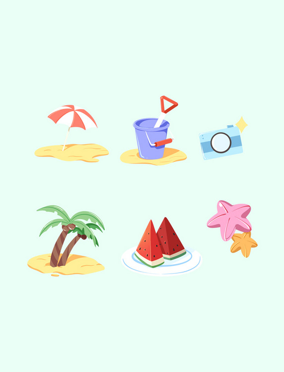 卡通夏天遮阳伞沙滩相机椰树标签贴纸