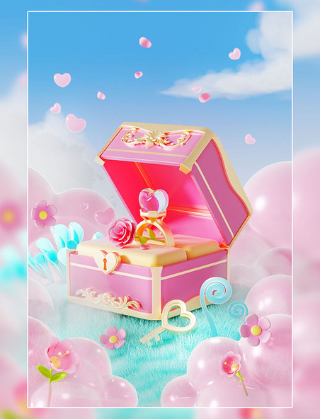 七夕情人节3D立体粉色戒指盒浪漫场景