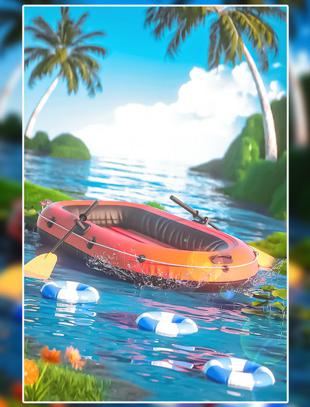 3D立体夏日夏天水上船只泳圈创意电商促销场景