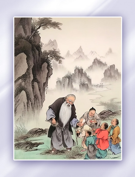 中国风水墨画学者孩童山水插画
