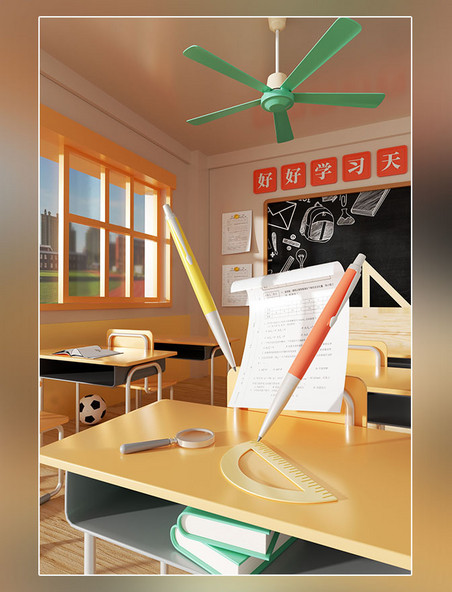 校园3D立体开学季教室学习教育场景暑假暑期培训开学