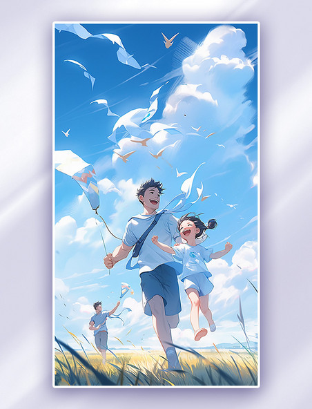 父亲和孩子在草地上奔跑放风筝插画
