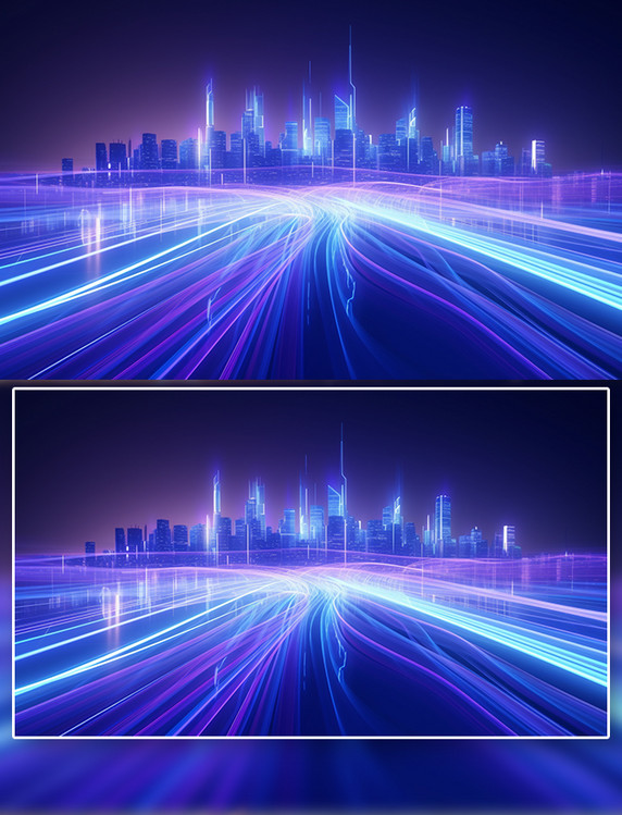 抽象风蓝色紫色光效穿梭信号传输城市背景1