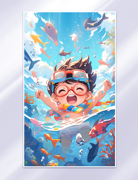 夏天夏季儿童游泳水上乐园人物插画背景