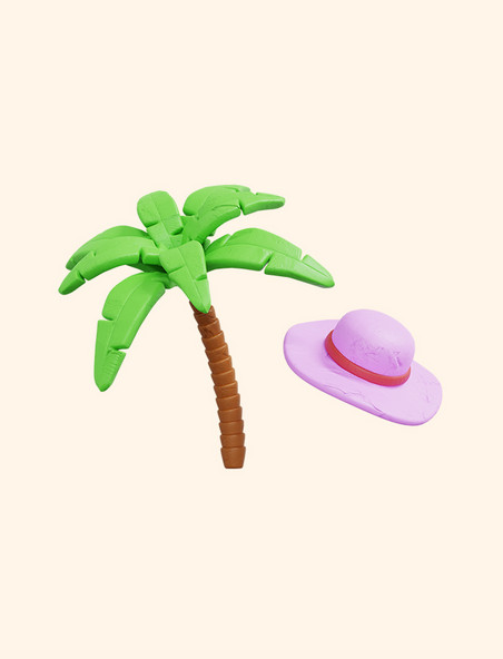 3D立体黏土海滩旅行椰子树植物遮阳帽