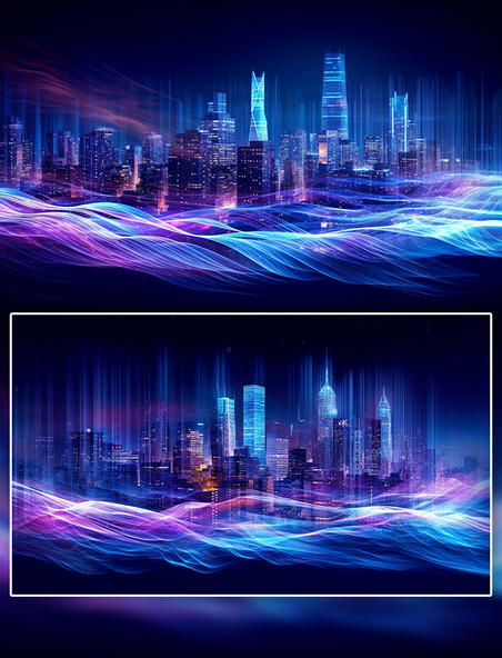 抽象风蓝色紫色光效穿梭信号传输城市背景3