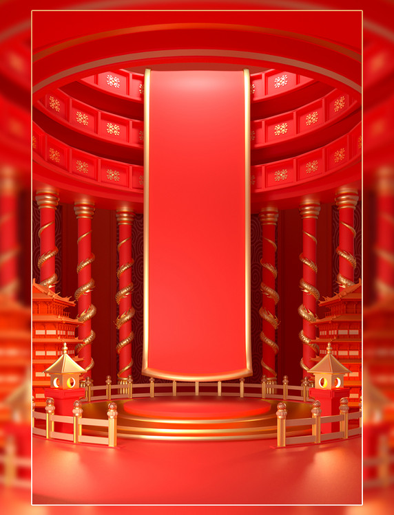 c4d红色立体中国风电商展台场景