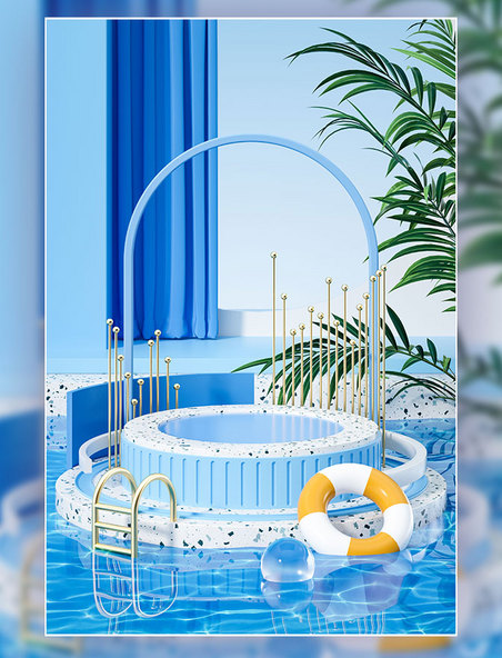 3D立体原创夏日蓝色清凉泳池电商促销场景海报