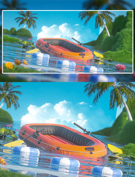 3D立体夏日夏季清凉水上船只游泳圈创意背景