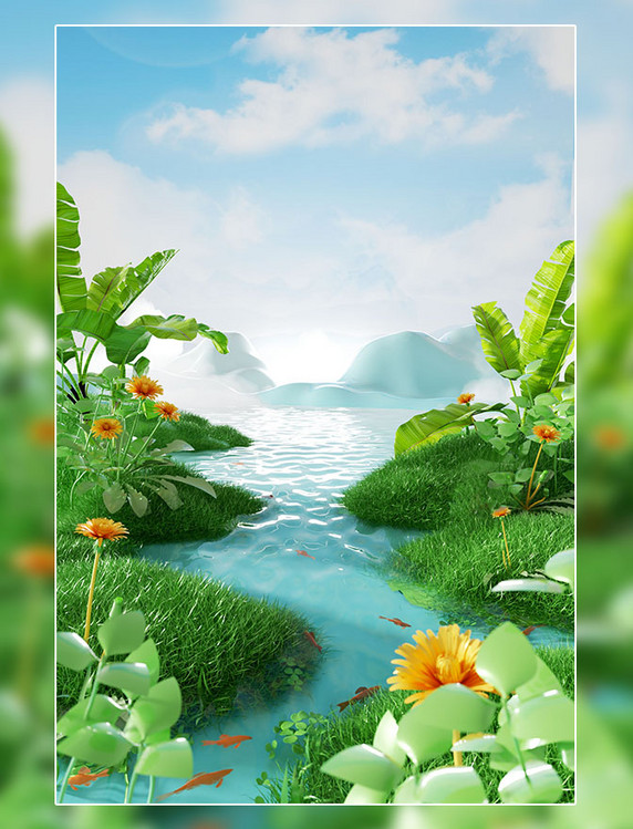 夏天3D立体绿色植物水面场景春天