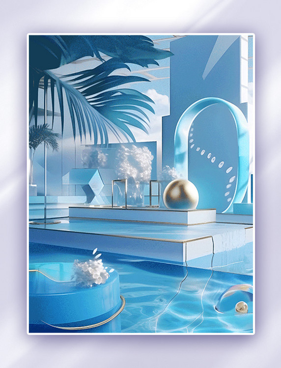蓝色夏季室内泳池电商展台3D立体背景
