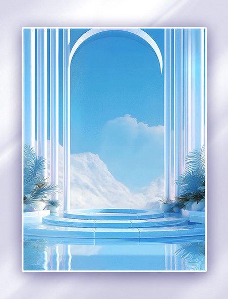 蓝色夏季天空之城水面电商展台3D立体背景