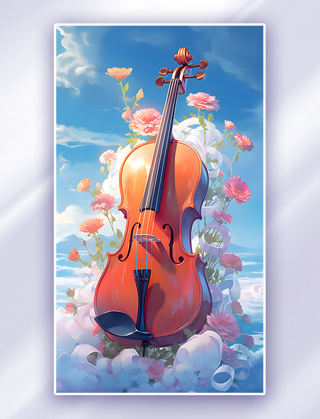 唯美小提琴乐器天空插画